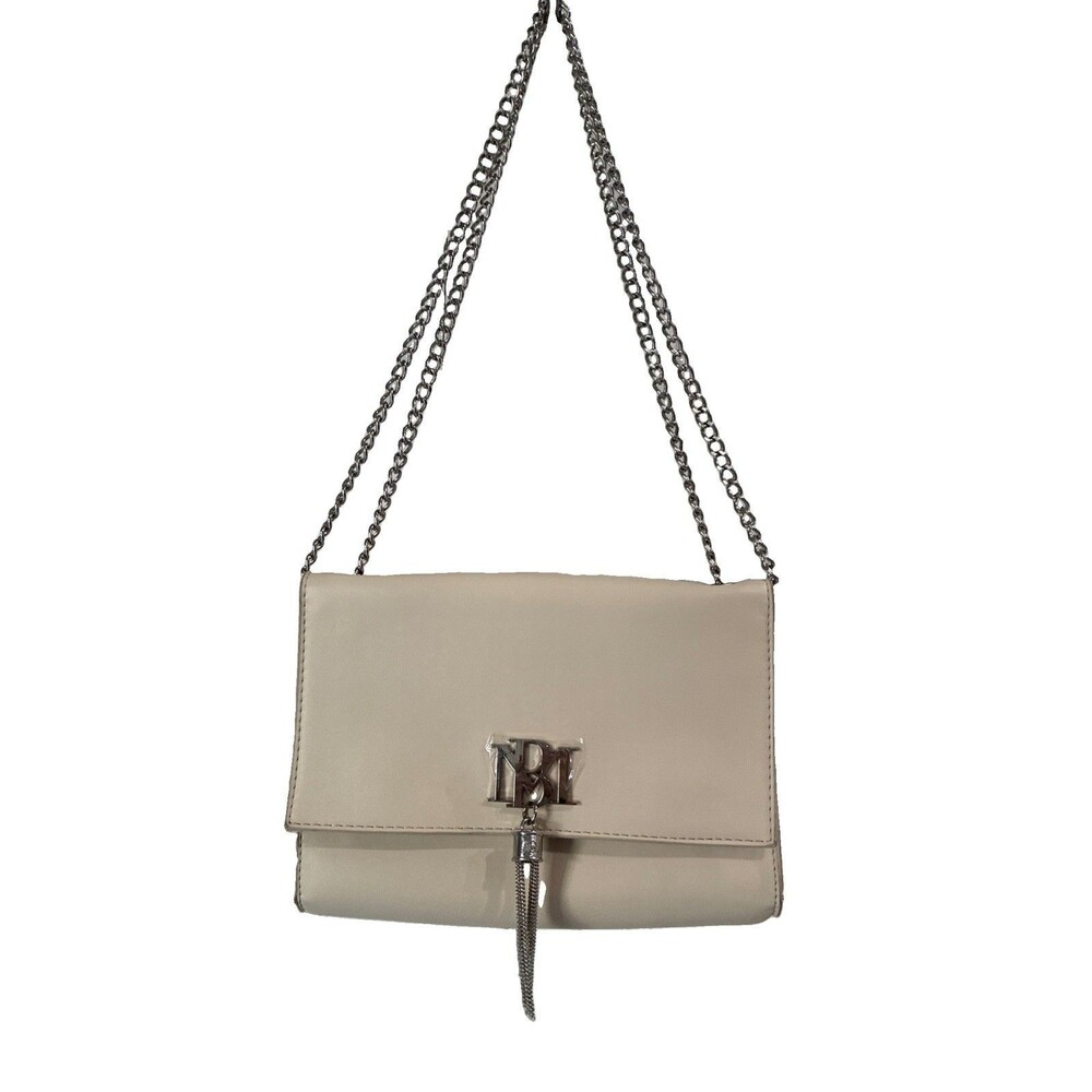 Badgley Mischka Taupe Crossbody Clutch Bag Silver Monogram Cream Tassel Purse